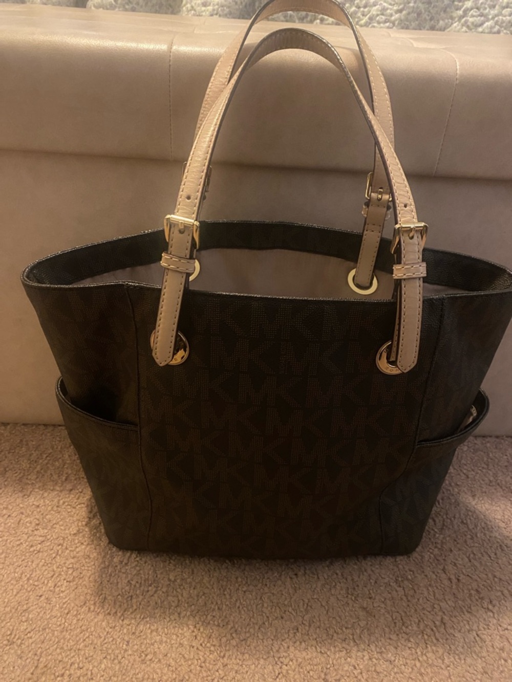 Michael Kors Brown Tote Bag with Beige Handles - Designer Style